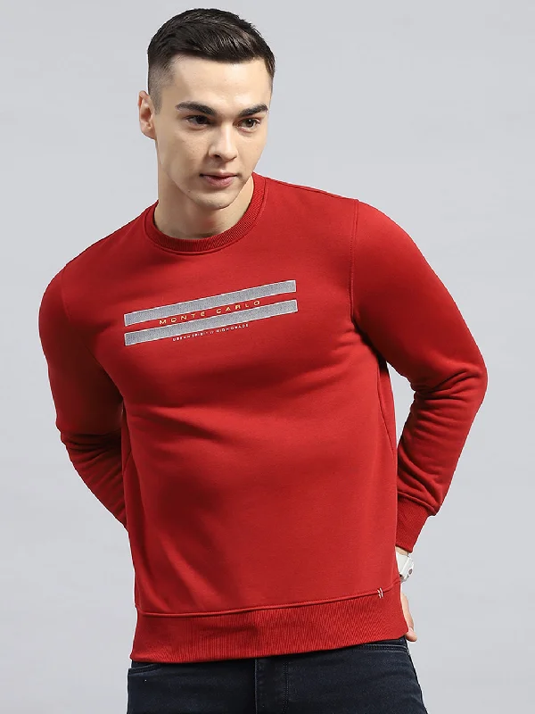 Casual Sneakers Men Maroon Printed Round Neck Full Sleeve Sweatshirt