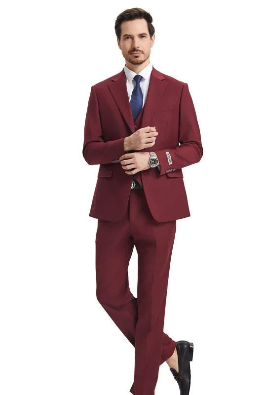 Trendy Shorts Velourville Collection: Men's 3 Piece Solid Hybrid Fit Suit In Burgundy