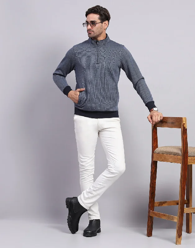 Warm Wear Men Navy Blue Self Design Mock Neck Full Sleeve Sweatshirt