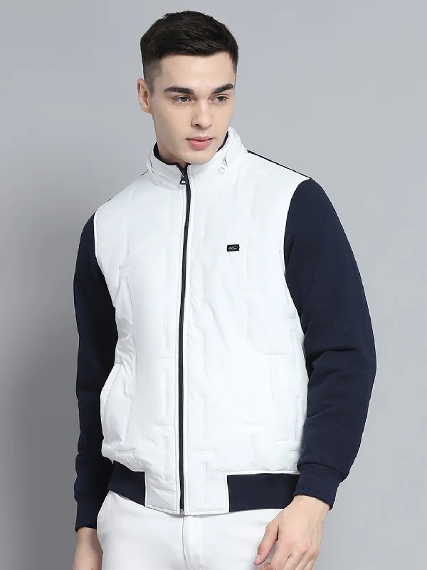 Soft Jackets Men Navy Blue & White Solid Detachable Hood Full Sleeve Sweatshirt