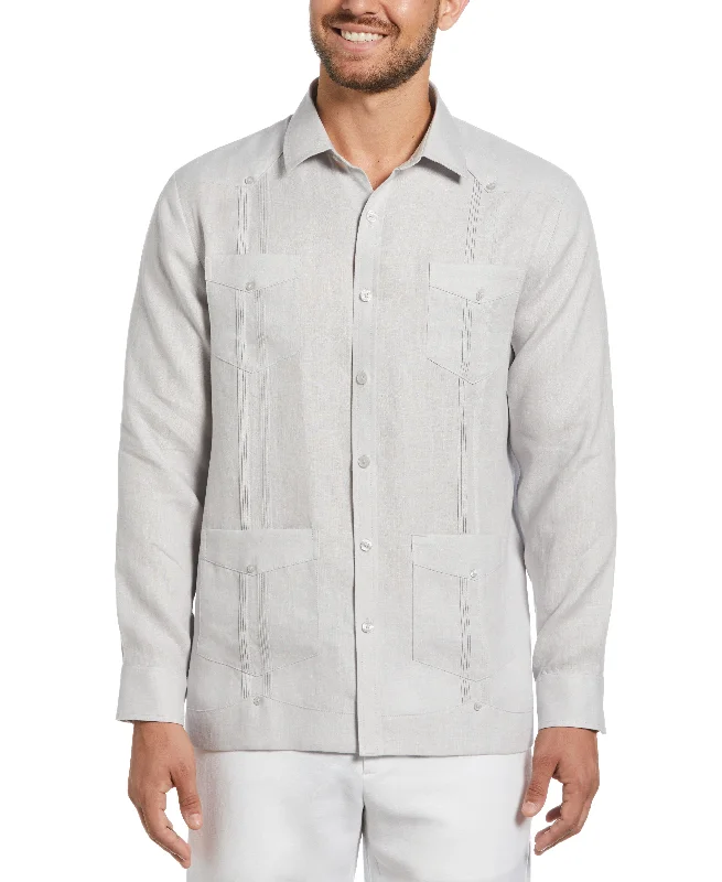 Comfy Sweaters Warm Pants 100% Linen Classic Guayabera Shirt - Long Sleeve - Light Gray