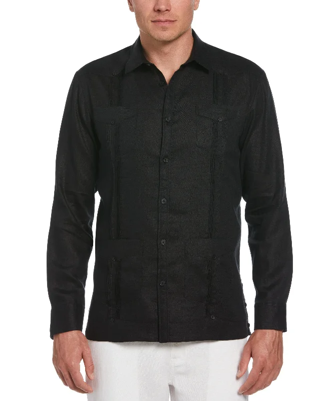 Street Fashion Warm Pants 100% Linen Classic Guayabera Shirt - Long Sleeve - Black