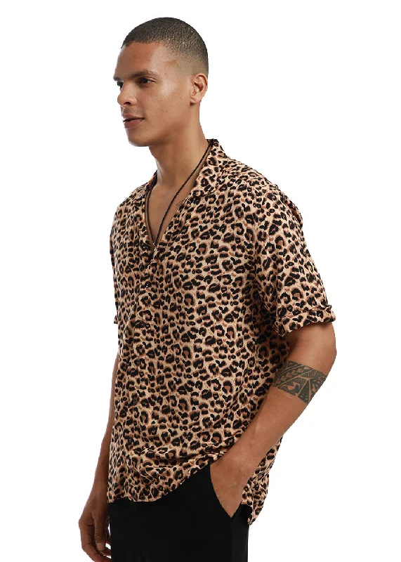 Casual Knitwear Smart Denim Brown Panthera Print Half sleeve shirt