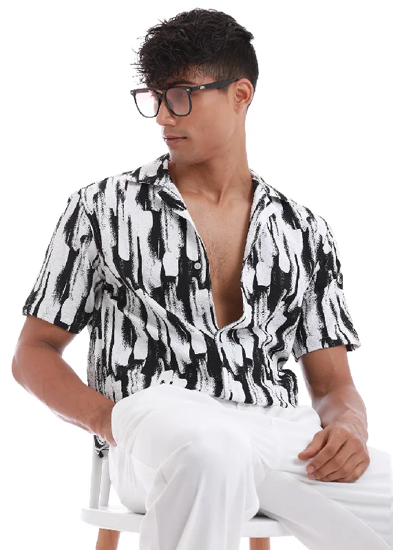 Active Essentials Comfort Tops Brush Texture White Print Popcorn Shirt