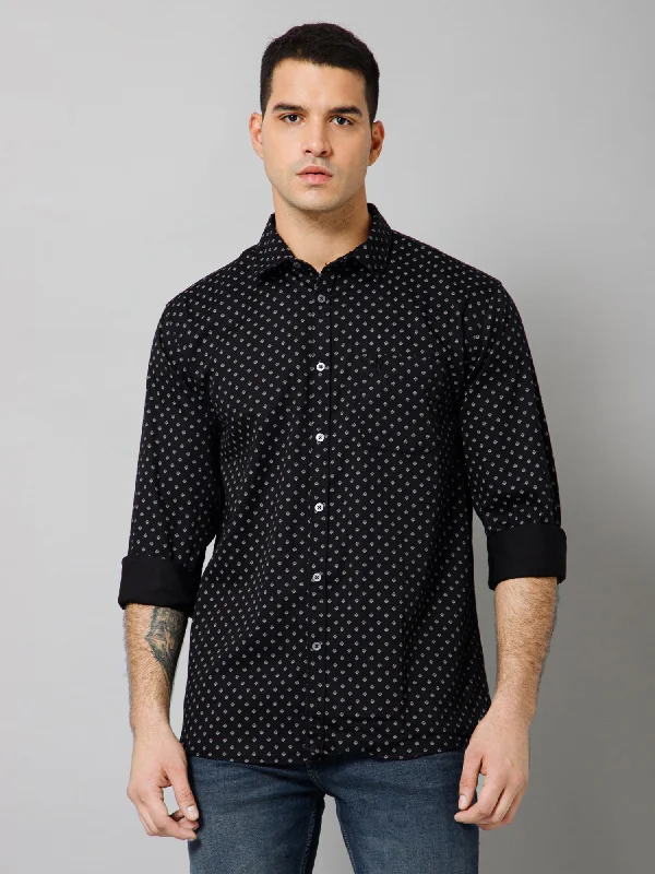 Classic Wear Modern Pants Men's Black Casual Geometric Ditsy Print Full Sleeve Shirt