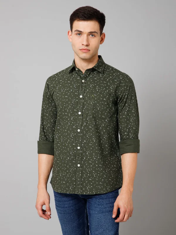 Effortless Comfort Smart Sweaters Men's Olive Green Casual Floral Print Full Sleeve Shirt
