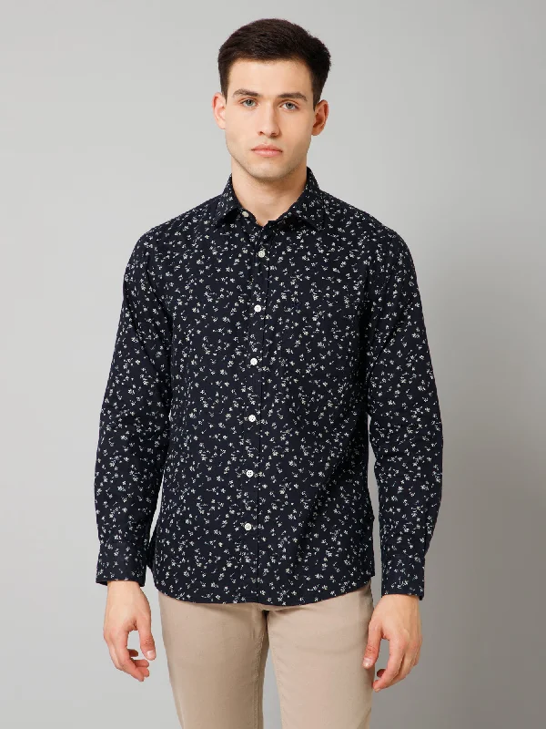 Everyday Comfort Wear Relaxed Tops Men's Navy Blue  Casual Floral Print Full Sleeve Shirt