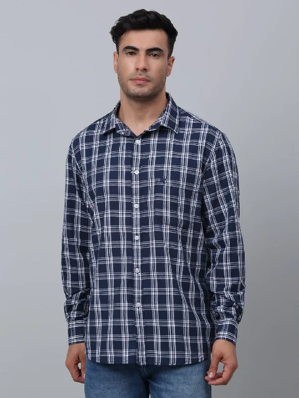 Urban Outfits Stylish Casuals Men's Navy Blue Casual Medium Checks Full Sleeve Shirt