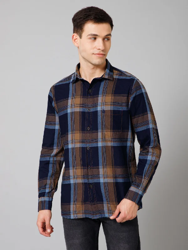 Versatile Knitwear Street Style Pants Men's Navy Blue Casual Big Checks Full Sleeve Shirt