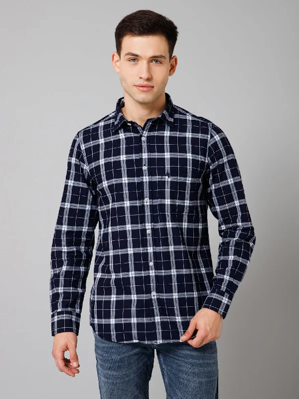 Stylish Tops Comfortable Suits Men's Navy Blue Casual Big Checks Full Sleeve Shirt