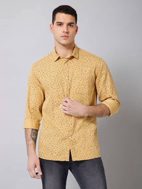 Urban Look Simple Jeans Men's Mustard Casual Floral Print Full Sleeve Shirt
