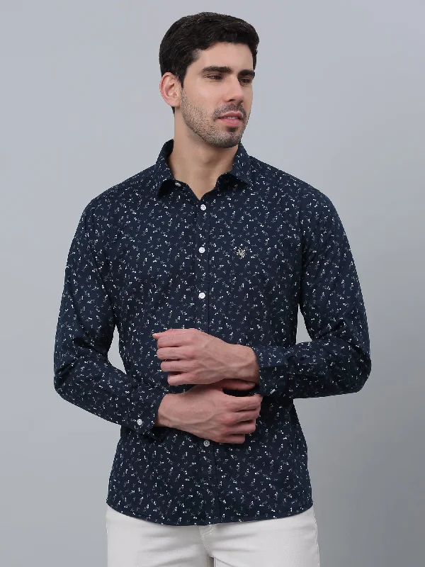 Modern Casuals Functional Tops Men's Navy Blue Casual Floral Print Full Sleeve Shirt