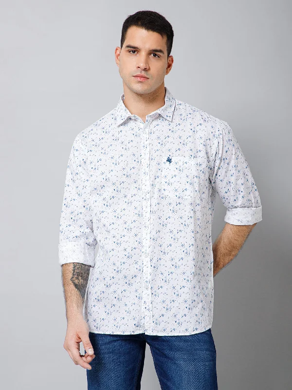 Fashion Comfort Minimalist Jackets Men's White  Casual Floral Print Full Sleeve Shirt