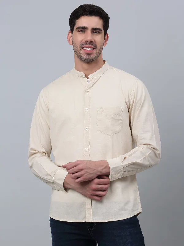 Comfortable Wearables Trendy Outerwear Men's Beige Casual Plain Full Sleeve Shirt