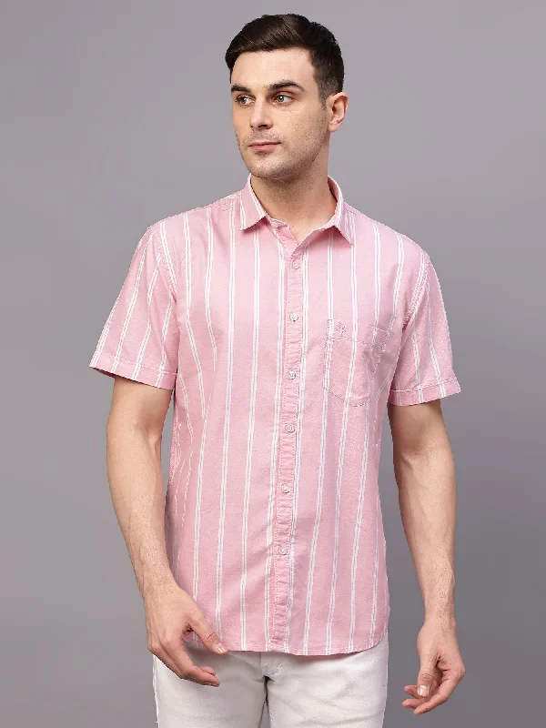 Men's Pink Casual Broad Stripe Half sleeve Shirt