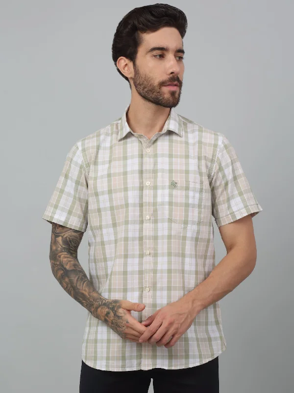 Men's Olive Green Casual Big Checks Half sleeve Shirt