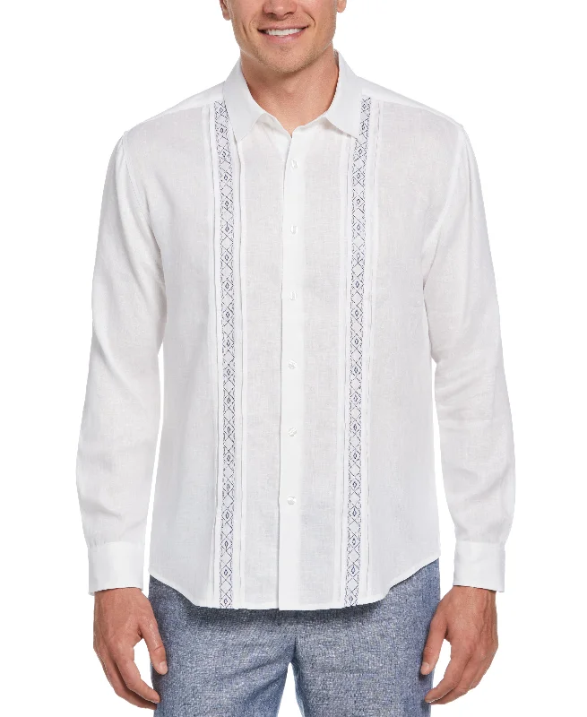 Functional Layers Casual Suits Cross Dye Linen Pintuck Embroidered Panel Shirt