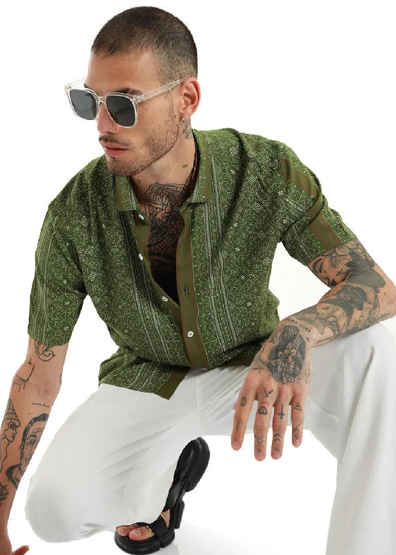 Cozy Looks Urban Shirts Fabula Olive Green Print Half Sleeve Shirt