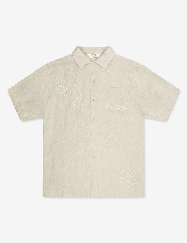 Stylish Looks Comfortable Suits Huck Embroidered Short Sleeve Shirt - Natural