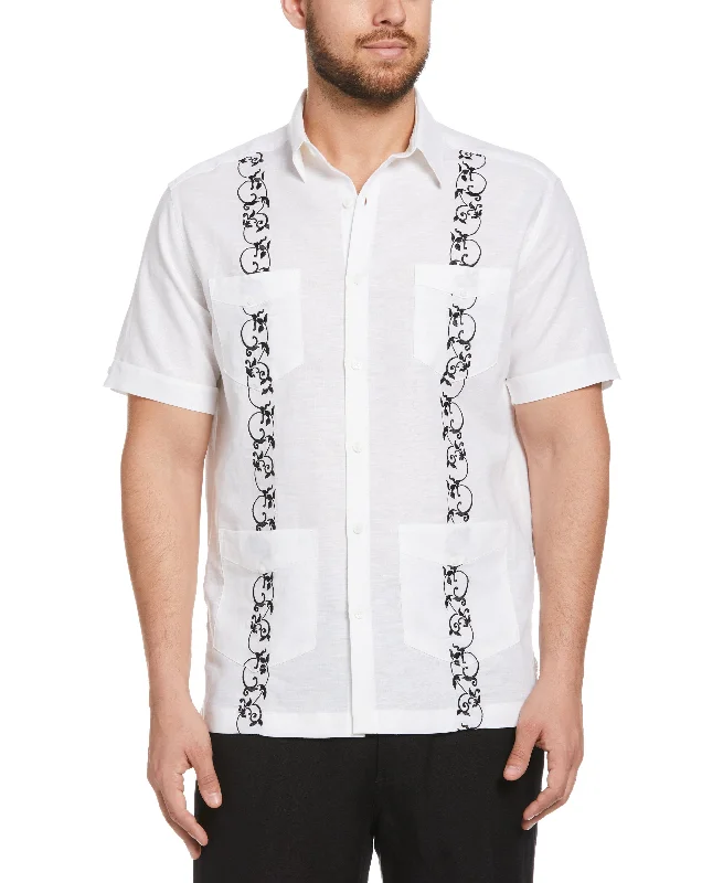 Linen Blend Contrast Embroidery Guayabera Shirt