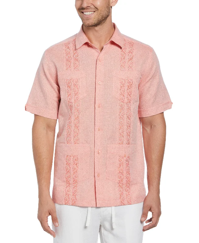 Linen Blend Embroidered Panel Guayabera Shirt