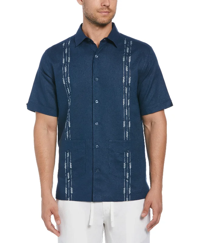 Linen Blend Leaf Embroidery Panel Guayabera Shirt