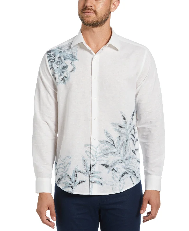Functional Wear Athletic Tops Linen Blend Reverse Asymmetric Placement Print Shirt