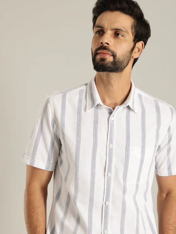Stylish Tops Practical Jeans Men Striped Half Sleeve Cotton Shirt