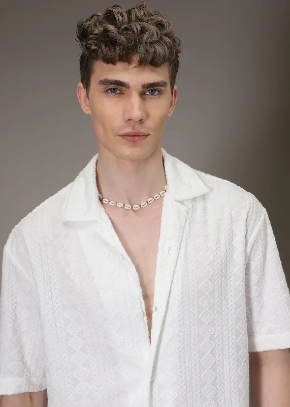 Simple Comfort Comfortable Suits Pearl White Jacquard Towelling Camp Shirt