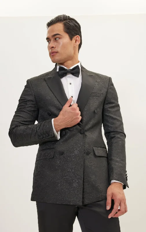 Effortless Gear Simple Shirts Double Breasted Metallic Floral Embroidery Peak Lapel Tuxedo Jacket - Black Effortless Gear Simple Shirts Double Breasted Metallic Floral Embroidery Peak Lapel Tuxedo Jacket - Black