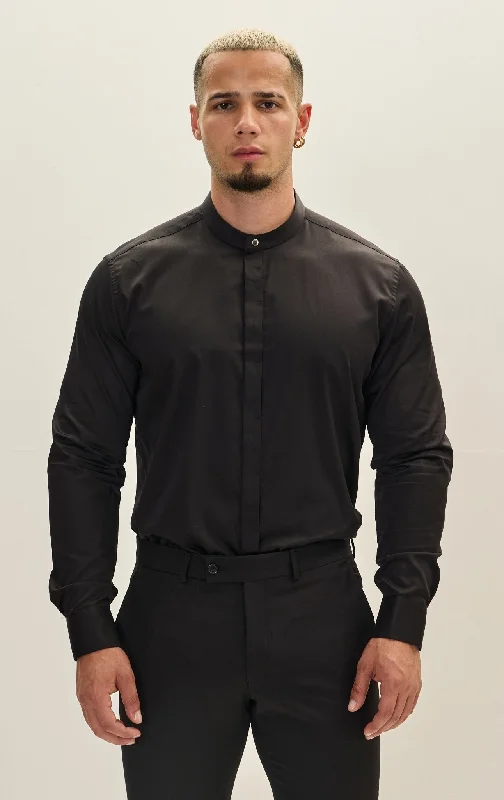 Cool Gear Street Style Pants Pure Cotton Band Collar Dress Shirt - Black