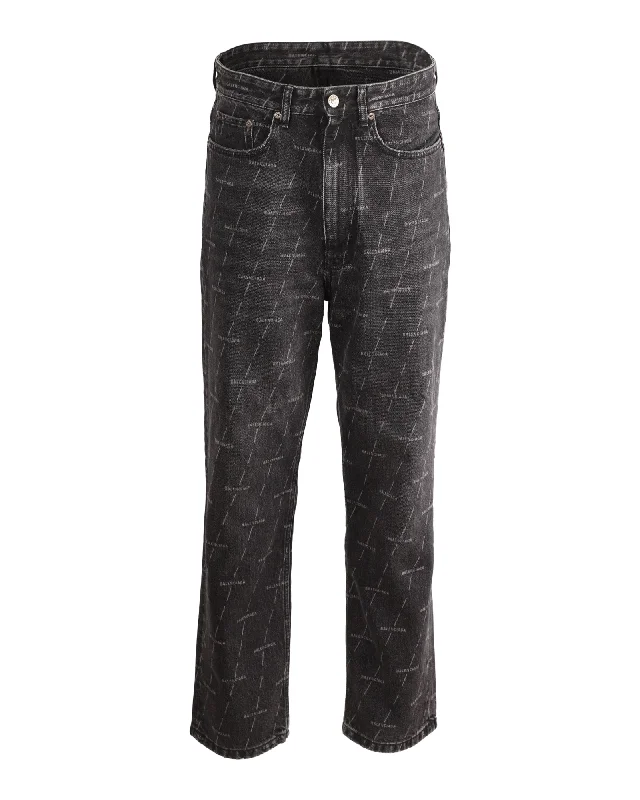 Easy Pants Winter Fashion Balenciaga Logo Print Straight Jeans in Black Cotton