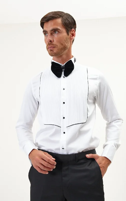 Comfortable Wearables Smart Footwear Pure Cotton Pleated Wing Tip Collar Shirt - White Black Comfortable Wearables Smart Footwear Pure Cotton Pleated Wing Tip Collar Shirt - White Black