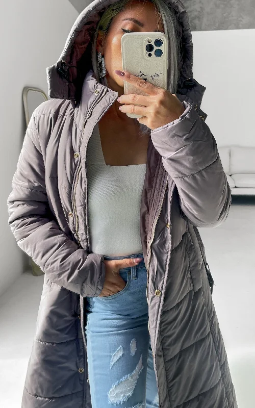 Trendy Apparel Bold Shirts Eve Longline Puffer Coat - Grey Mauve
