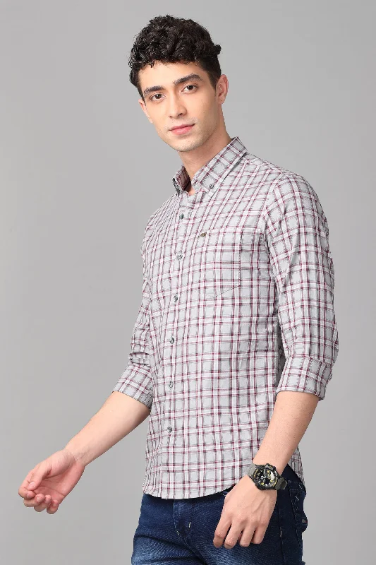 Relaxed Activewear Smart Tops Grey with Red Checks Shirt