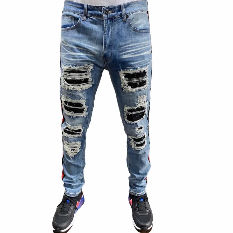 Stylish Layers Urban Sweaters Men's Rhinestones Patch Side Tape Denim Jean In Blue Wash