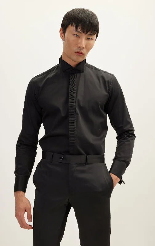 Placket Pleated Tuxedo Shirt - Black