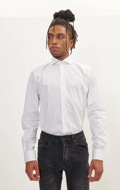Casual Knitwear Classic Hoodies Pure Cotton French Placket Spread Collar Dress Shirt - White Bengal