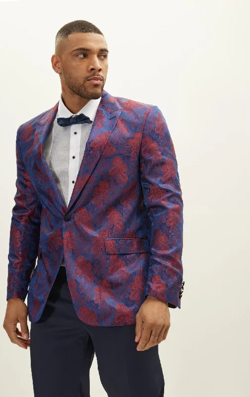 Peak Lapel Paisley Jacquard Tuxedo Jacket -  Red