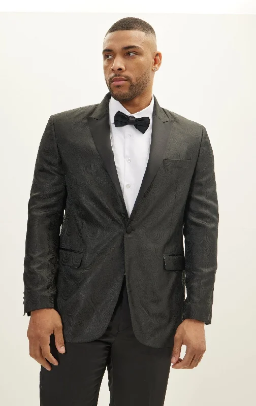 Stylish Layers Premium Hoodies Peak Lapel Tuxedo Jacket - Leaf Jacquard Black