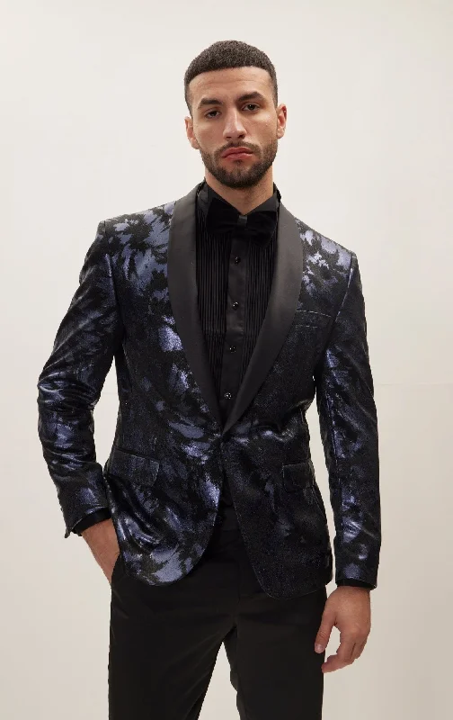 Relaxed Casuals Street Pants Foil Brush Strokes Shawl Lapel Tuxedo Jacket - Navy