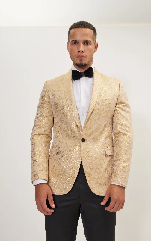 Metallic Foil Shimmer Tuxedo Jacket - Nude Gold