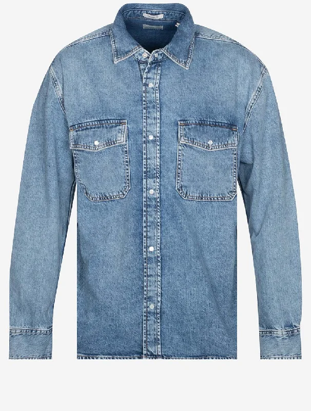 Versatile Knitwear Relaxed Footwear Oversized Denim Shirt Light Blue Worn In