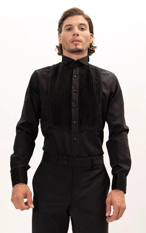 Pure Cotton Pleated Wing Tip Collar Shirt - Black Black