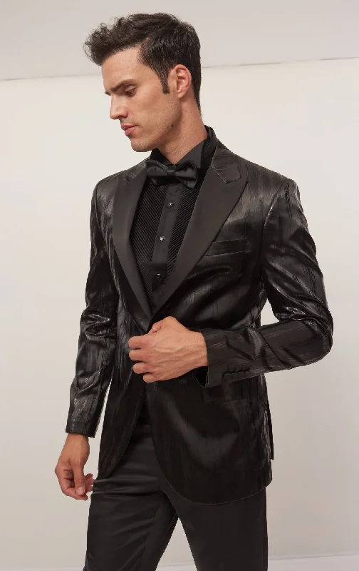 Brush Stroke Wet Look Peak Lapel Tuxedo Jacket- Black