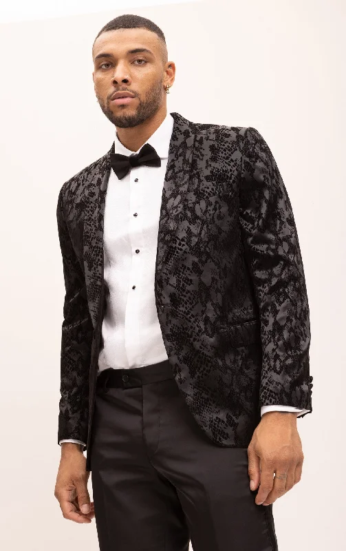 Snake Flocking Shawl Lapel Tuxedo Jacket - Black