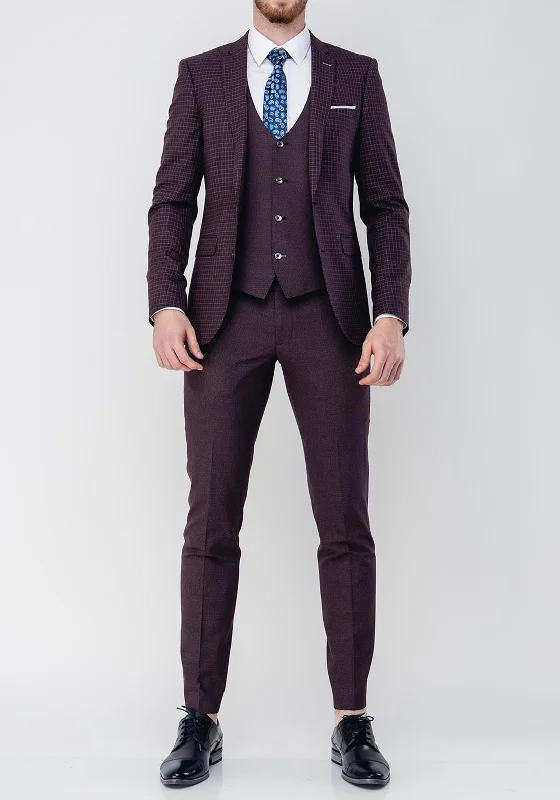 Remus Uomo Lazio Wool Blend Stretch Three Piece Suit, Burgundy