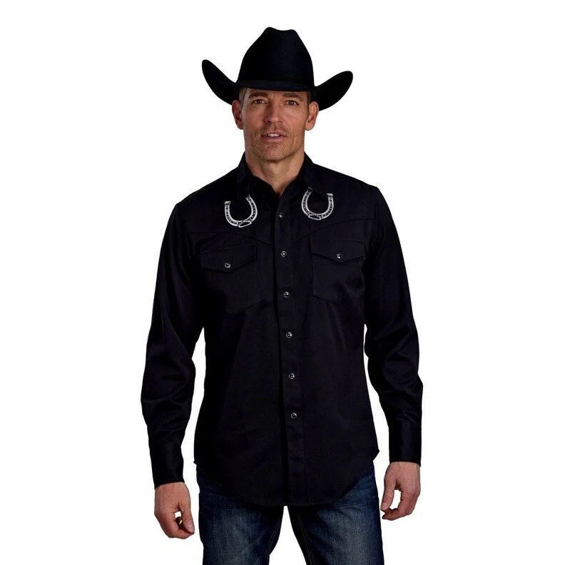 Relaxed Looks Comfortable Suits Roper Western Shirt Mens L/S Solid Horseshoe Black 03-001-0040-0707 BL Relaxed Looks Comfortable Suits Roper Western Shirt Mens L/S Solid Horseshoe Black 03-001-0040-0707 BL