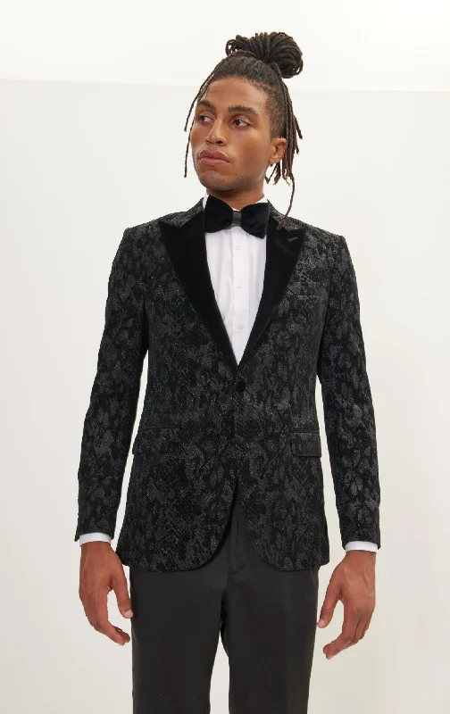 Metallic Velvet Flocking Tuxedo Jacket - Black