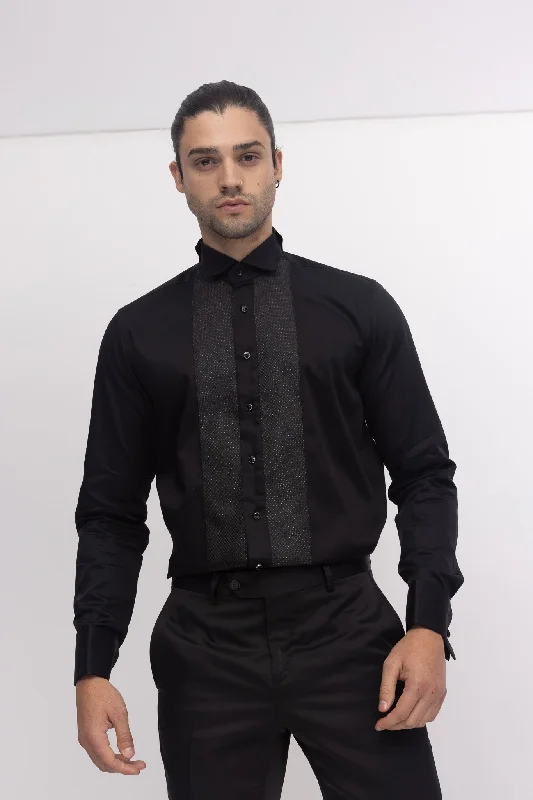 Trendy Styles Casual Tops Pique Bib Tuxedo Shirt - Black Black